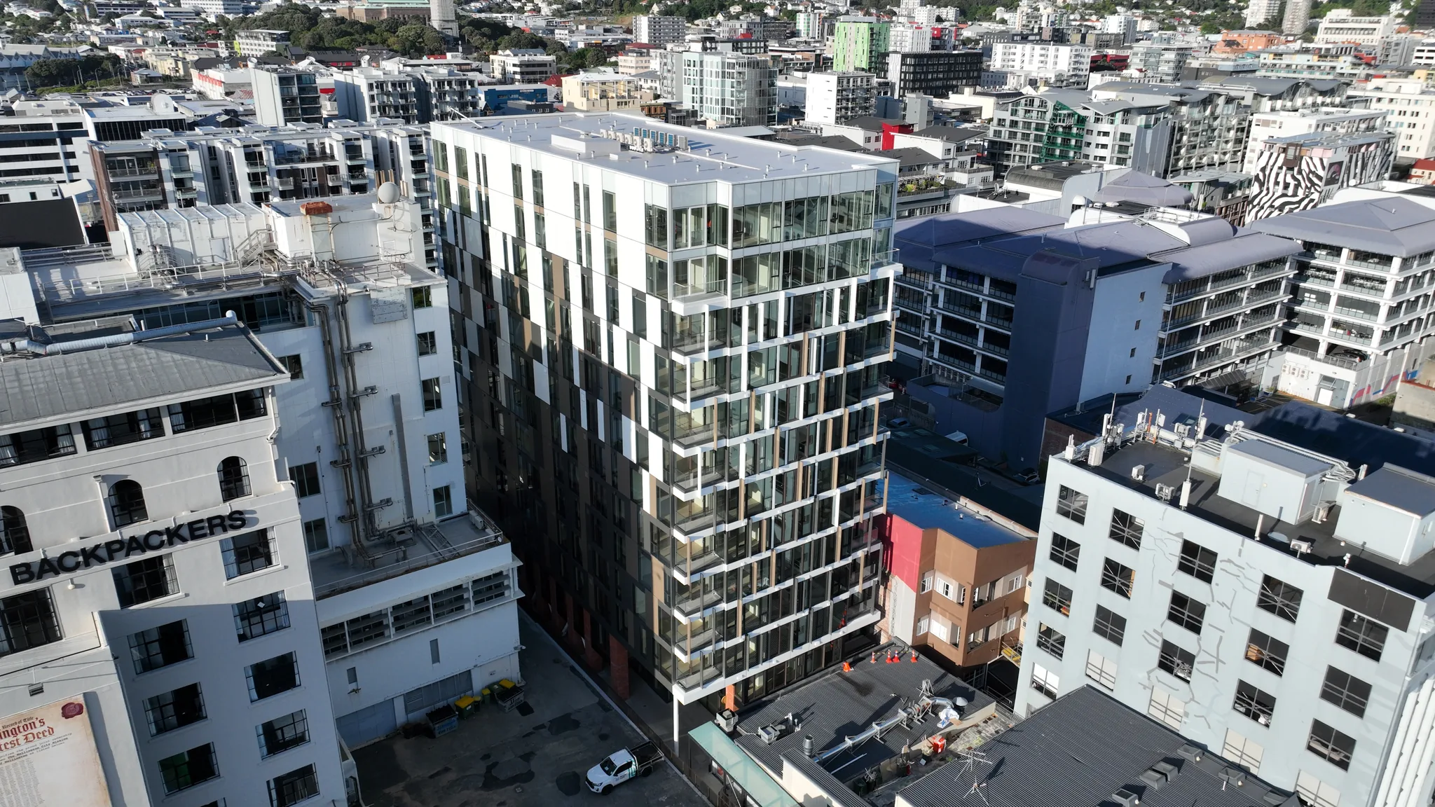Hyde Lane Apartments complete, viewed from above Te Aro